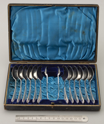 Victorian Sterling Silver Teaspoon (Set of 12) and Tongs Set - Lozenge/ Diamond Registration Mark
